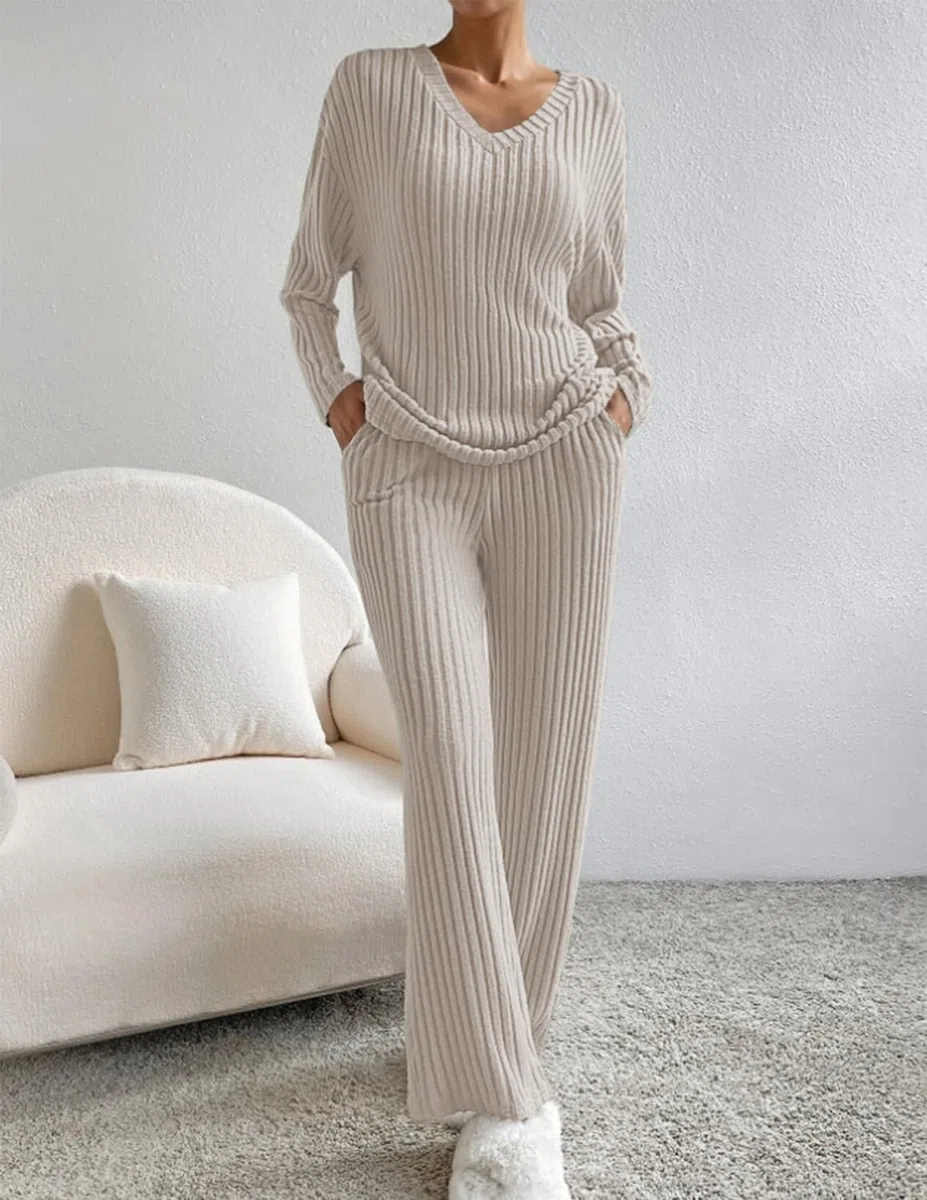 Donna Completo Tuta 2 Pezzi Completo a Maniche Lunghe Maglia Comode Pantaloni Dritti con Scollo a V Tuta Autunno Inverno
