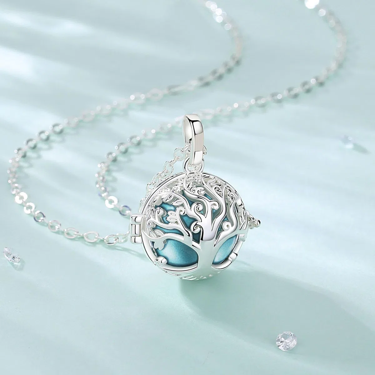 CELESTIA Collana Chiama Angeli Gravidanza per Donna Incinta- Medaglione Albero Della Vita Placcato Argento, Regalo per la Futura Mamma, Due Catene 76 e 114 Cm Lunga