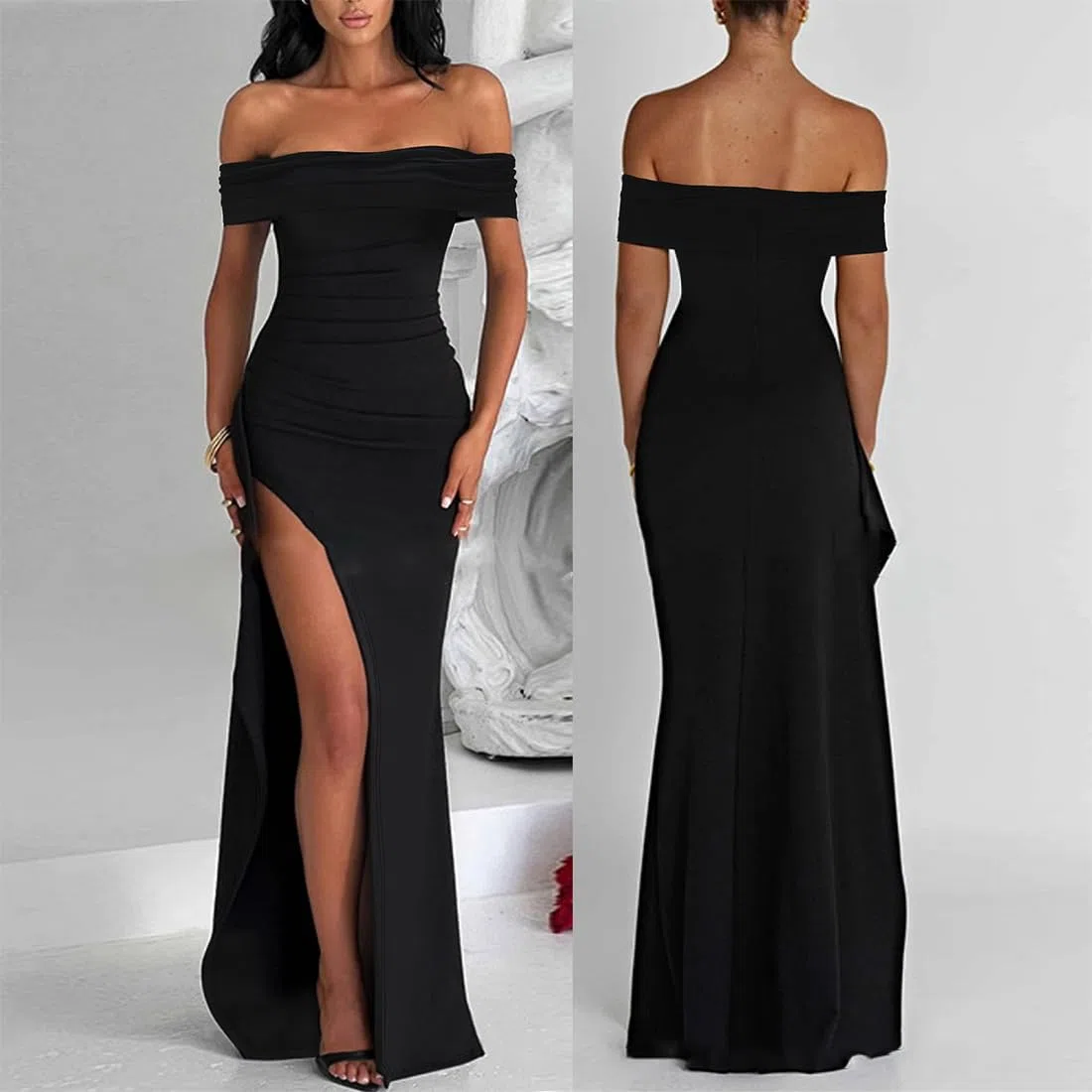 Vestito da Cerimonia Donna Sexy Spalle Maxi Lungo Elegante Senza Vestito da Cocktail Slim Vita Alta Abito da Sera Vestit Festa Moda Partito Banchetto