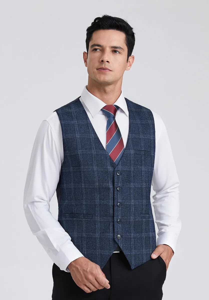 HISDERN Gilet da Abito da Uomo a Quadri Classico Elegante Panciotto Uomo in Cotone Formale Casual Scozzese Senza Maniche da Matrimonio con Tasche