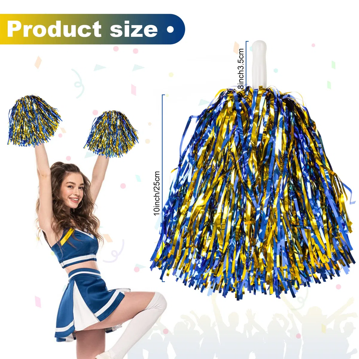 24 pompon da cheerleading metallici, per bambini, cheerleader, pom pom poms con manico per bacchetta, per adulti, squadra, sport, gioco di danza (oro e blu)