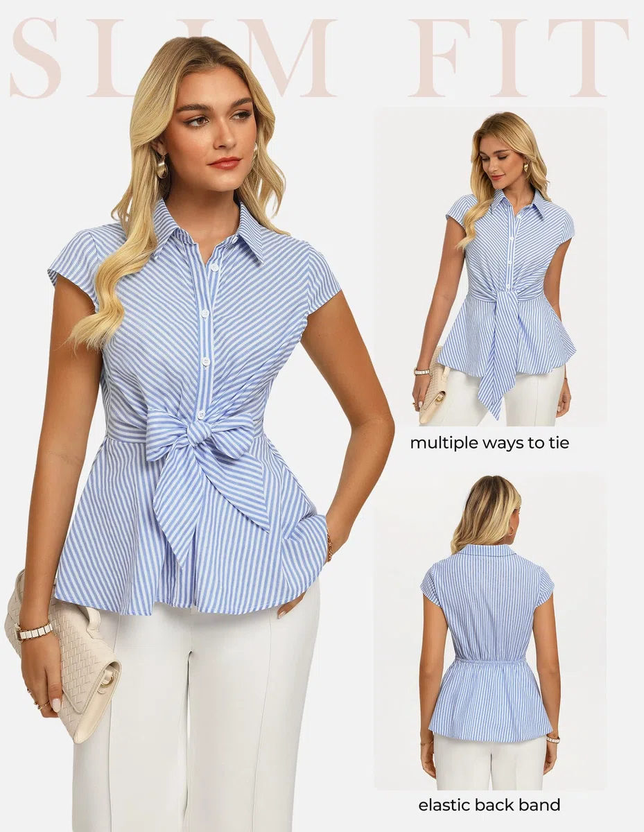 GRACE KARIN Camicetta da donna a righe estiva in cotone peplo elegante casual ufficio lavoro camicetta cravatta frontale manica ad aletta tunica