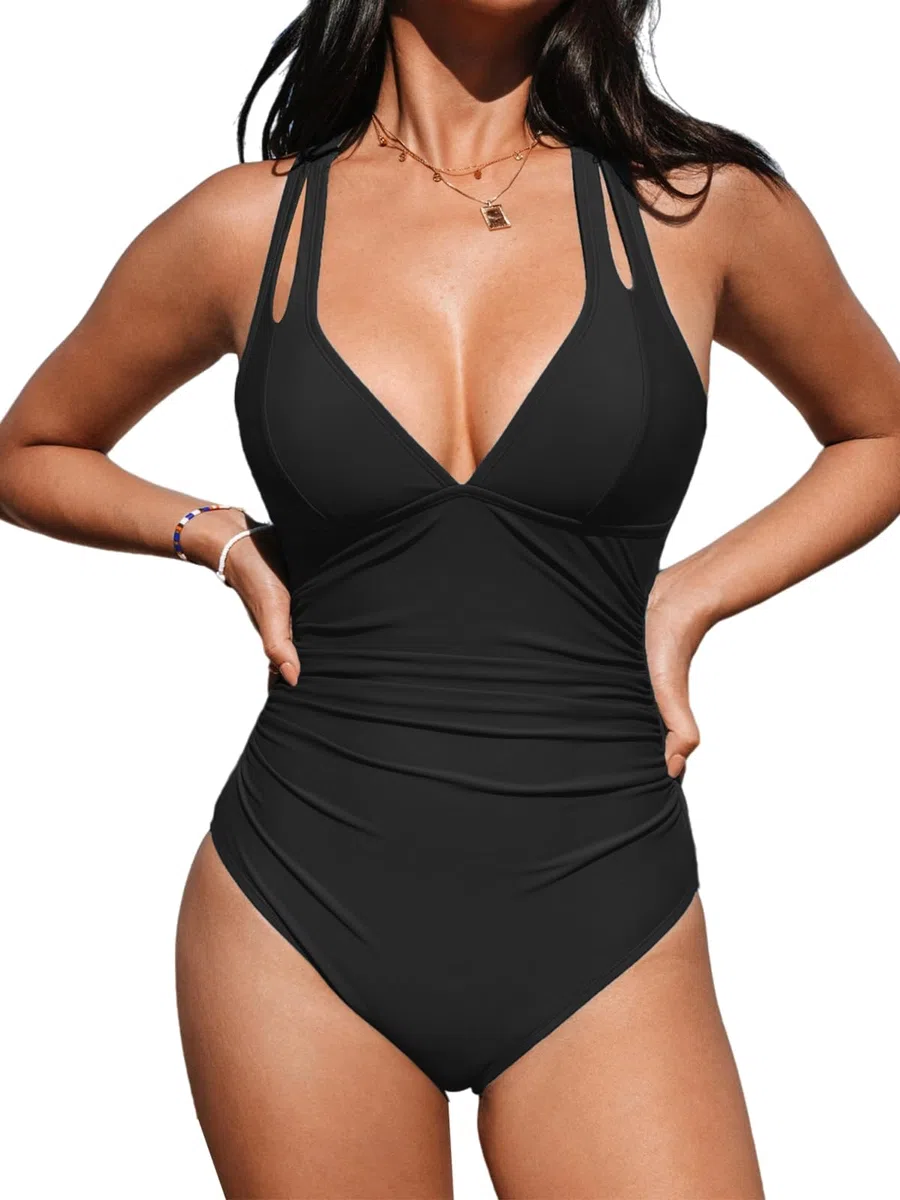 CUPSHE - Costume da bagno intero da donna con scollo a V profondo, incrocio sulla schiena, con fiocco, controllo pancia