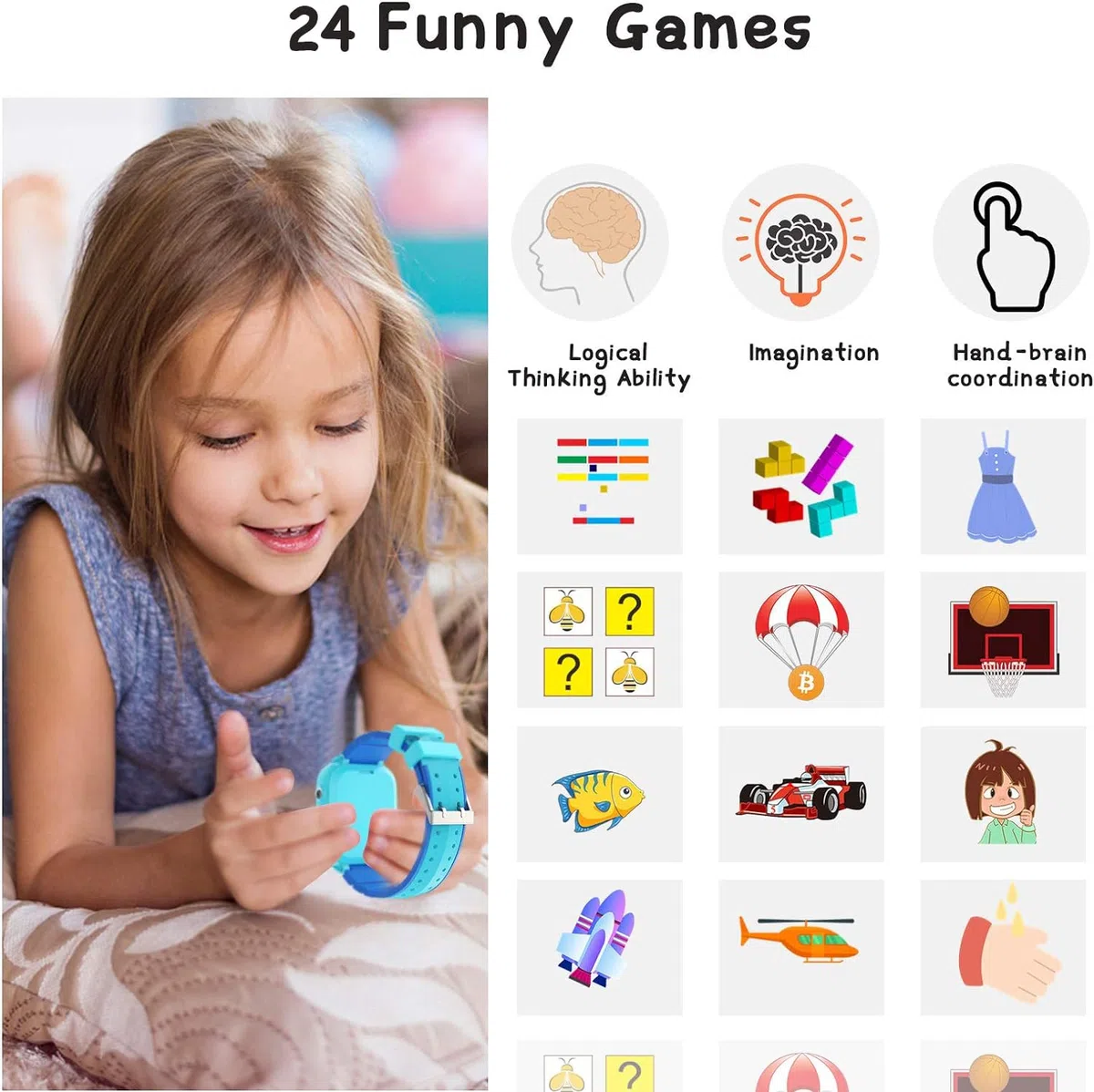 Smartwatch Bambini 24 Giochi Musica Contapassi Calorico, 2*Fotocamere Torcia Orologio Smartwatch Bambini Sveglia Video, Ragazzi e Ragazze Festiva Regalo di Natale 2-13 anni[Scheda SD integrata]