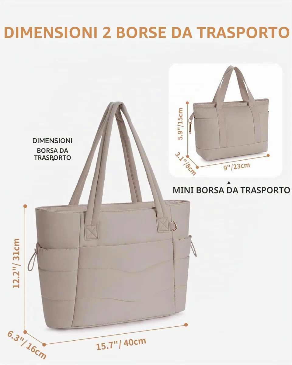 Borsa Tote Donna 2 Pezzi Puffer con Cerniera, Capiente per Laptop 15,6 Pollici & Tasca Porta Borraccia 40oz (1,18L), Borsa per Lavoro Università Viaggi e Shopping (Modello con Brevetto)