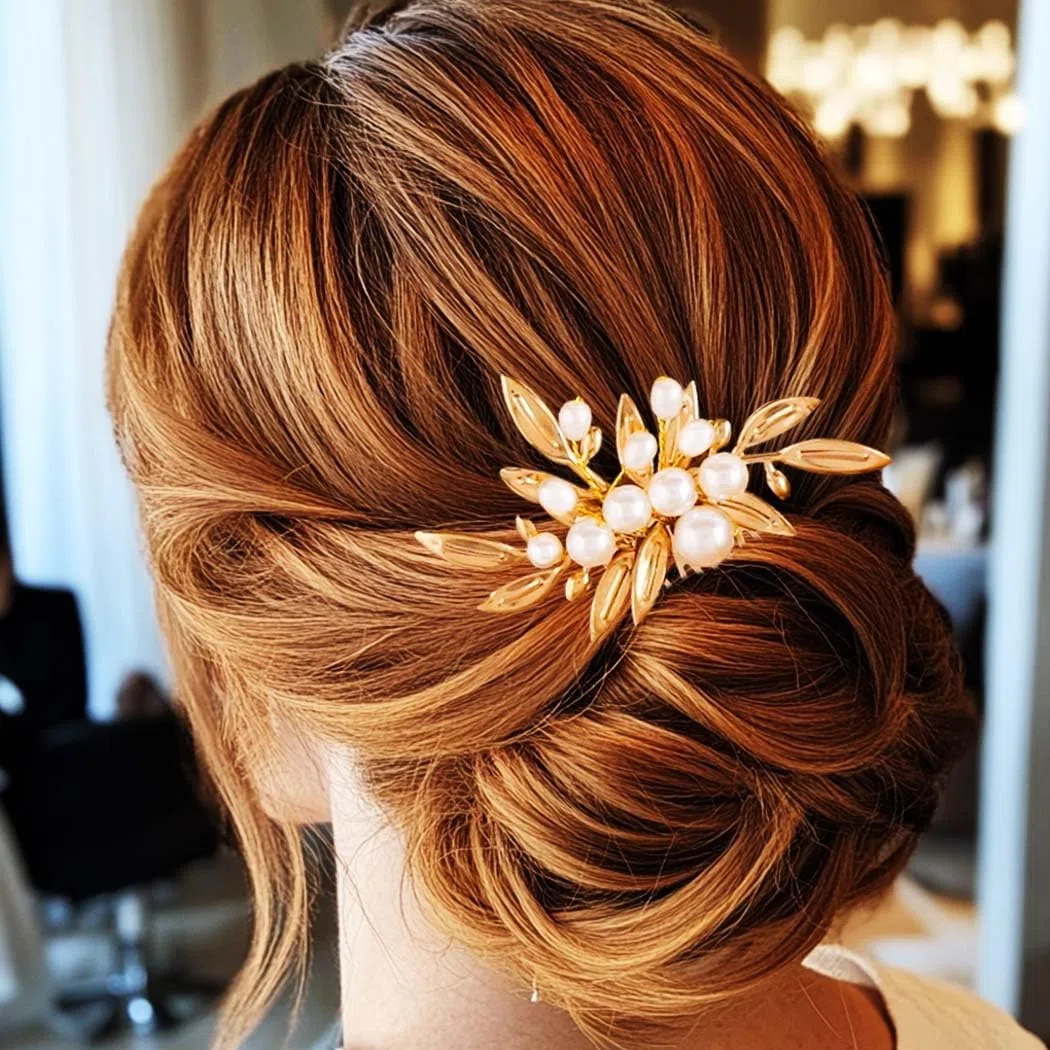 Reaky Pettini per capelli con perle e foglie d'oro per capelli da sposa