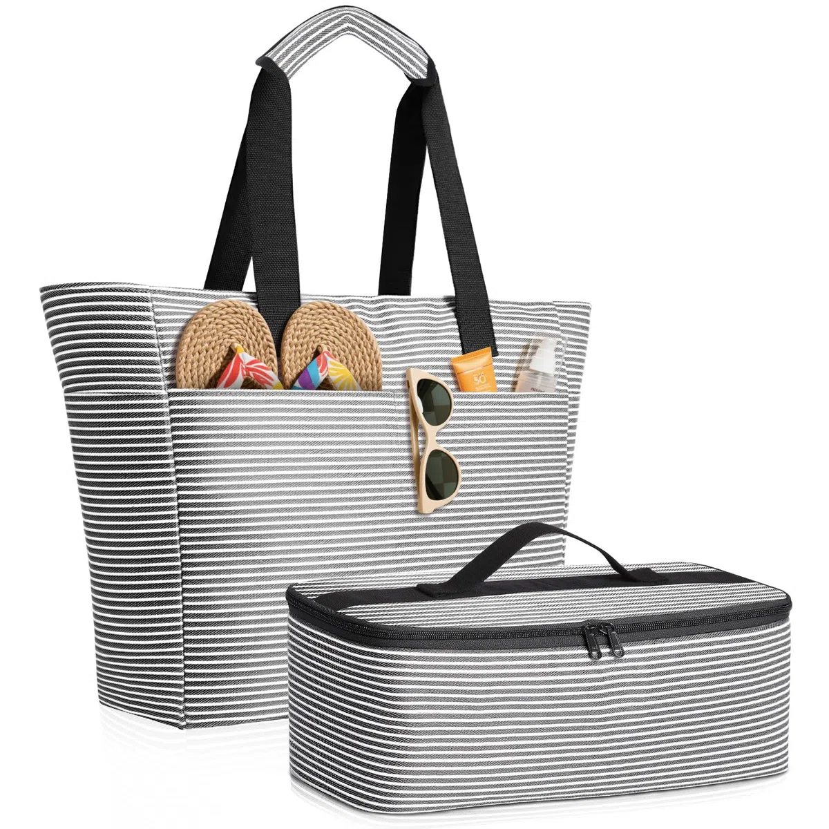 ISEYOU Borsa Mare Donna Grande & Borsa Frigo di Set, Borse Mare Resistente all'Acqua da 45L con Chiusura a Cerniera, Borsa Spiaggia XXL Famiglia Pieghevole, con 8 Tasche per Piscina, Picnic e Viaggi