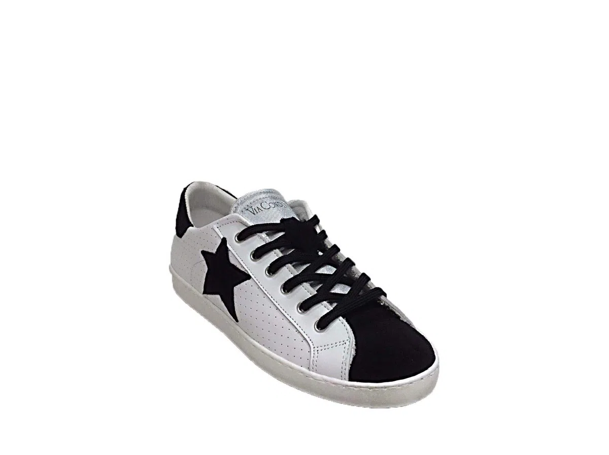 VIA CONDOTTI Scarpe Sneakers Basse Pelle Traforata Bianco Nero Art Golf Stella