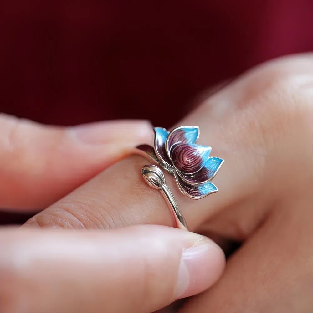 Anello aperto fiore di loto smaltato in argento sterling 925 per donna e ragazza regolabile
