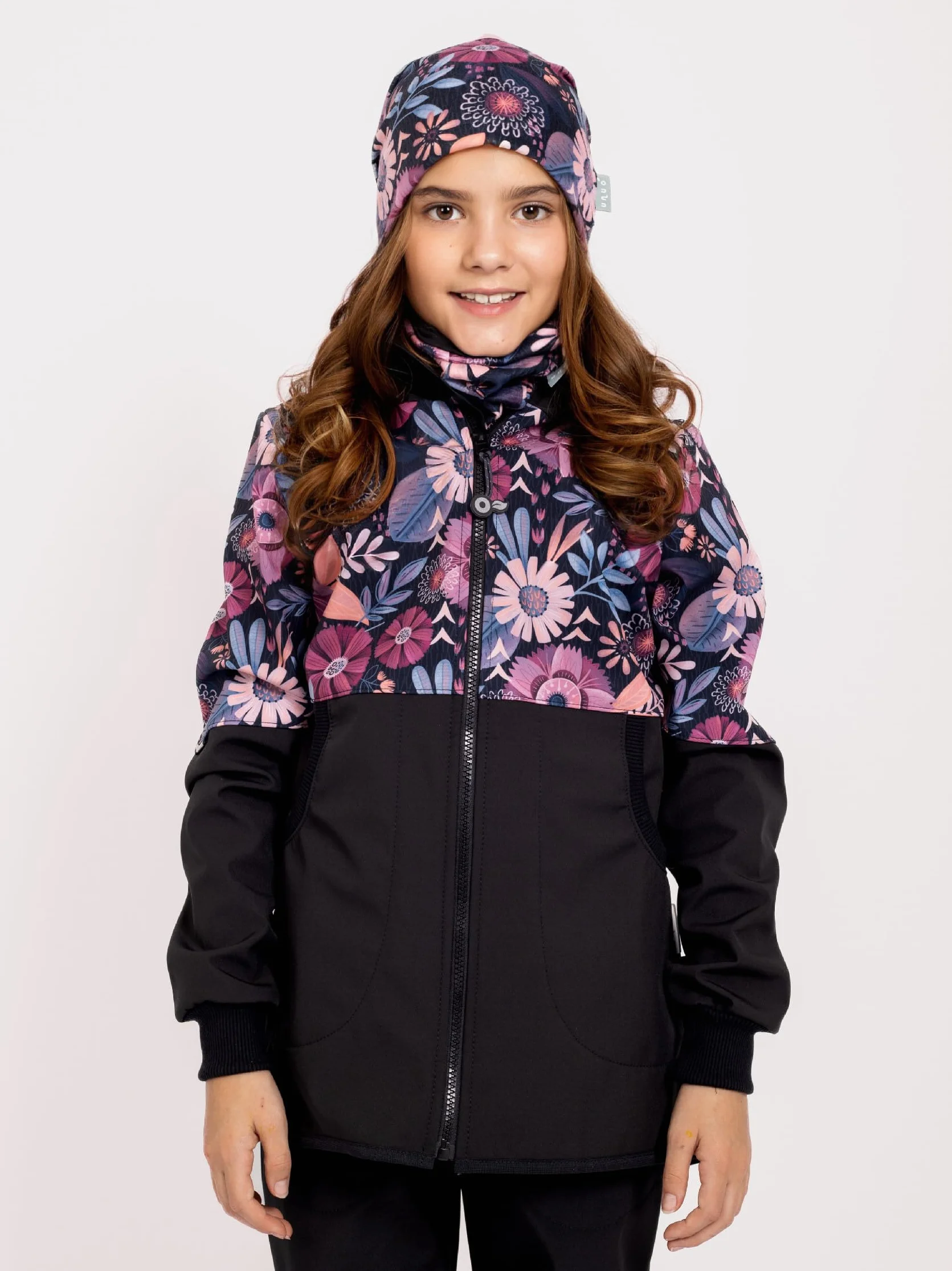 Cappotto softshell da ragazza, con pile Street, nero, con fiori magici