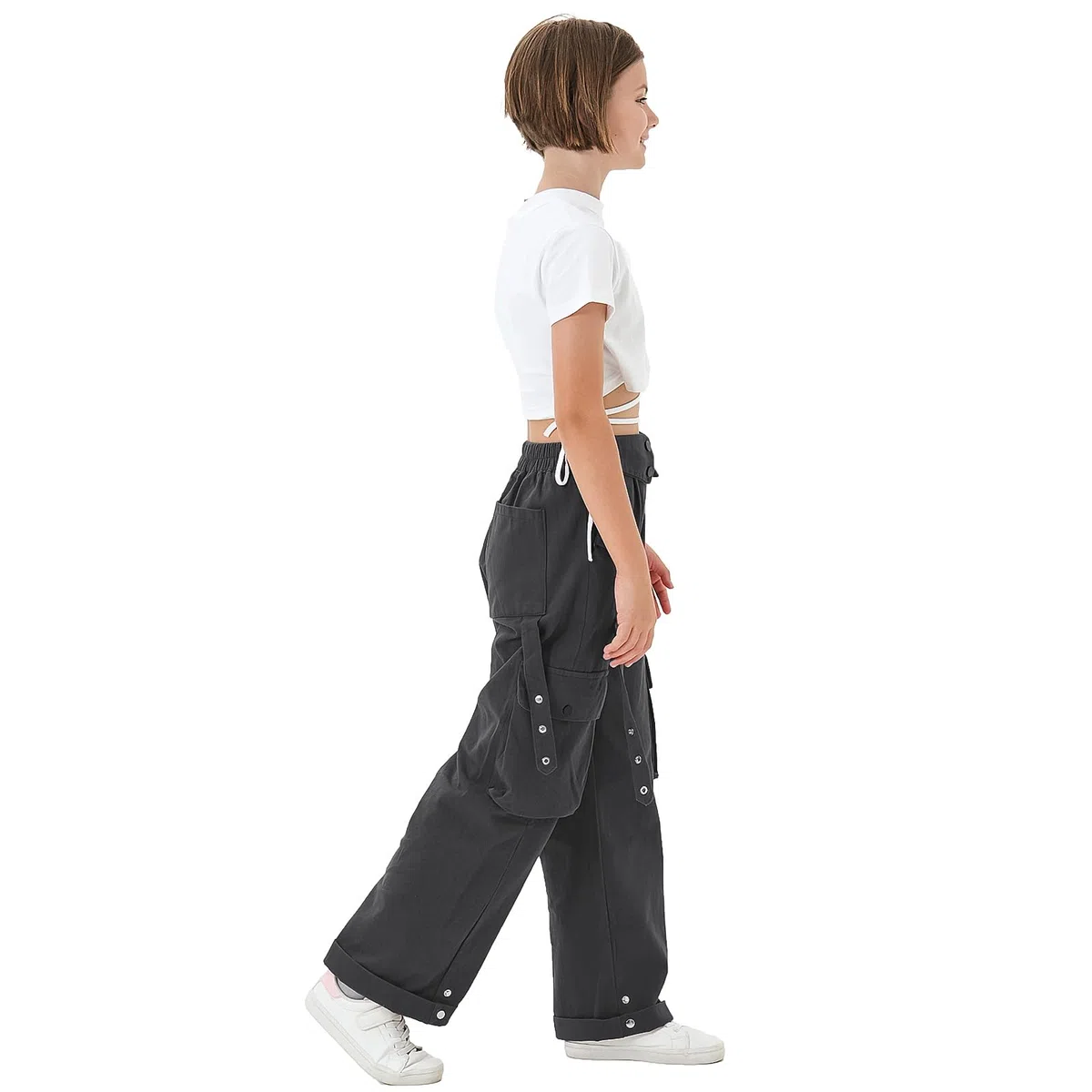 Rolanko Ragazze Pantaloni Cargo, Vita Alta Elastica con Tasche Multiple e Pantaloni a Gamba Larga per Bambini