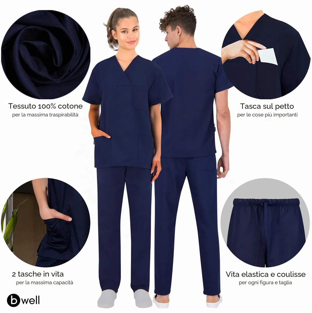 B-well MORELLI Divisa Sanitaria Donna e Uomo di 100% Cotone|Uniforme Sanitaria Donna e Uomo Unisex Set con Casacca e Pantalone