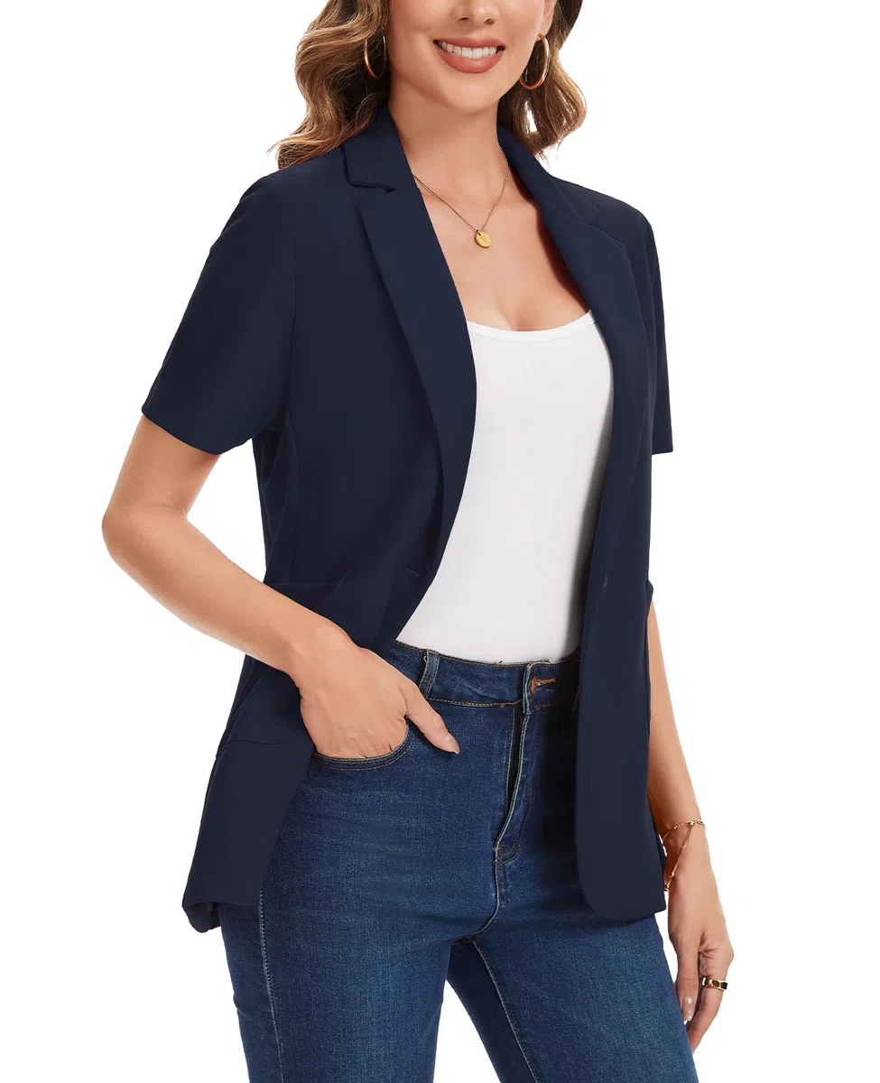 Blazer da donna a maniche corte, leggero, con risvolti a tacca e un bottone, giacche formali da lavoro casual da lavoro cappotto