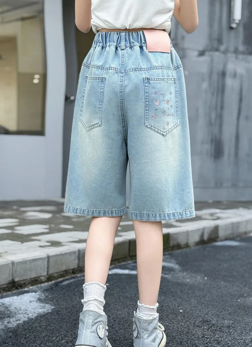 Rolanko Pantaloncini di Jeans per Ragazze, Vita Elastica Bermuda Gambe Larga Shorts Denim Estivi al Ginocchio