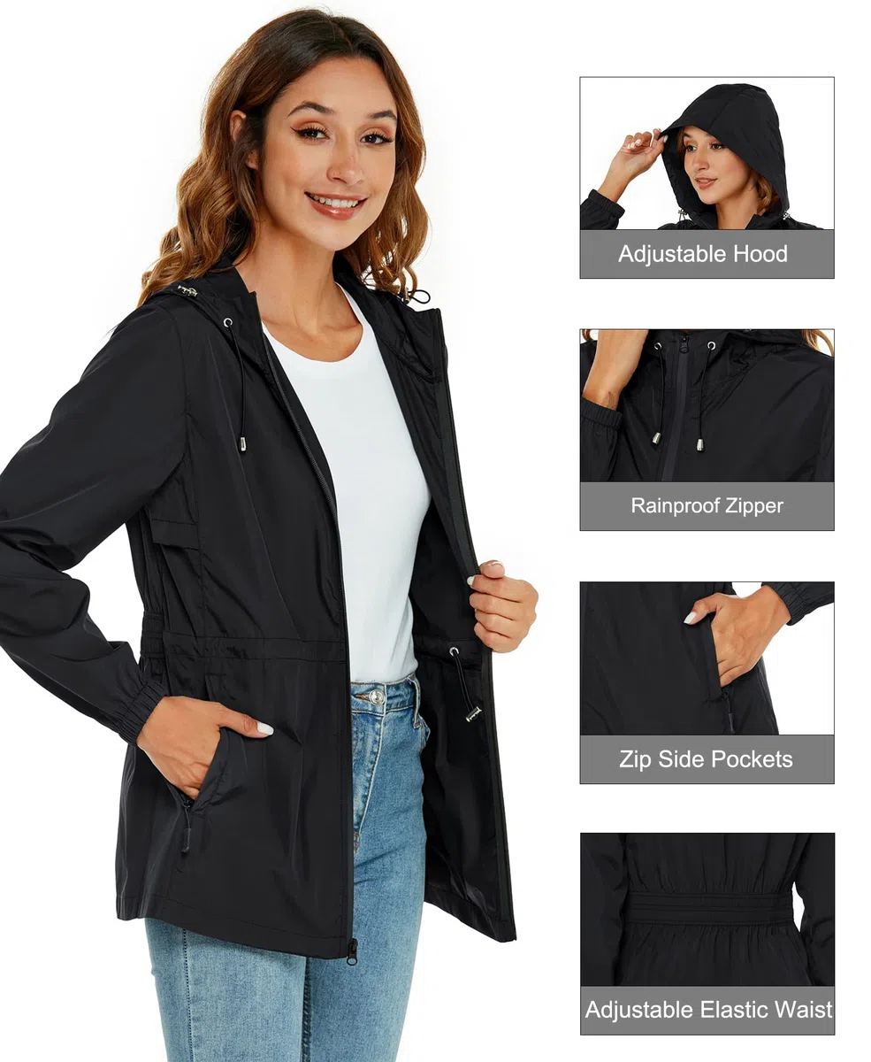 Rapbin Impermeabile da donna giacca impermeabile leggera cappotti antipioggia all'aperto trench cappotto pieghevole con cappuccio impermeabile con tasca