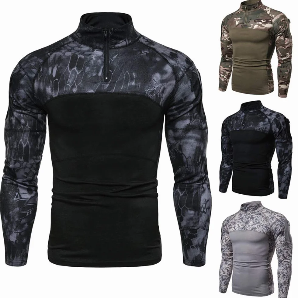 Camicia tattica a maniche lunghe da uomo con zip 1/4 camicia da combattimento stile militare con tasche Airsoft Top abbigliamento esterno per la caccia campeggio escursionismo
