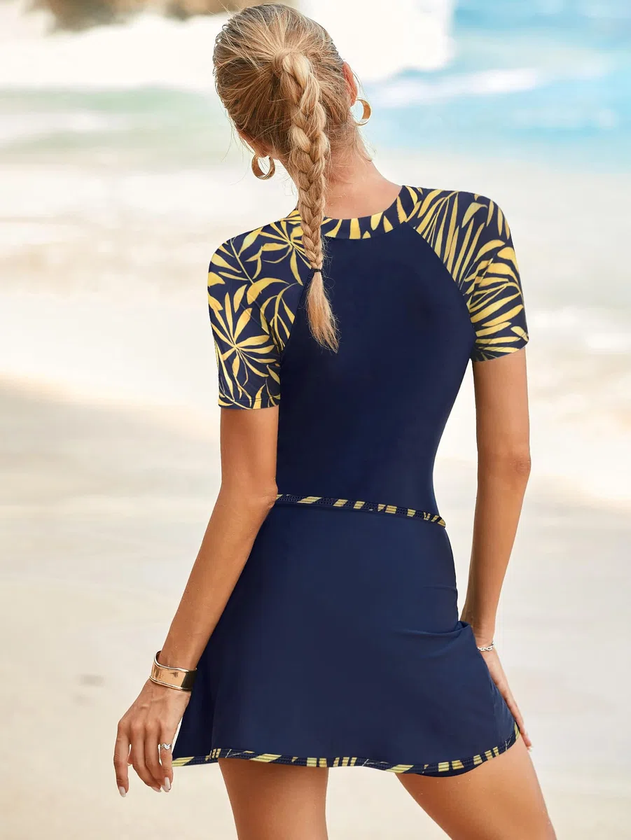 SHEKINI Donne Two Piece Athletic Short Sleeves Surf Zip Boyleg One Piece Rash Guard Costumi da Bagno e Swim Rock