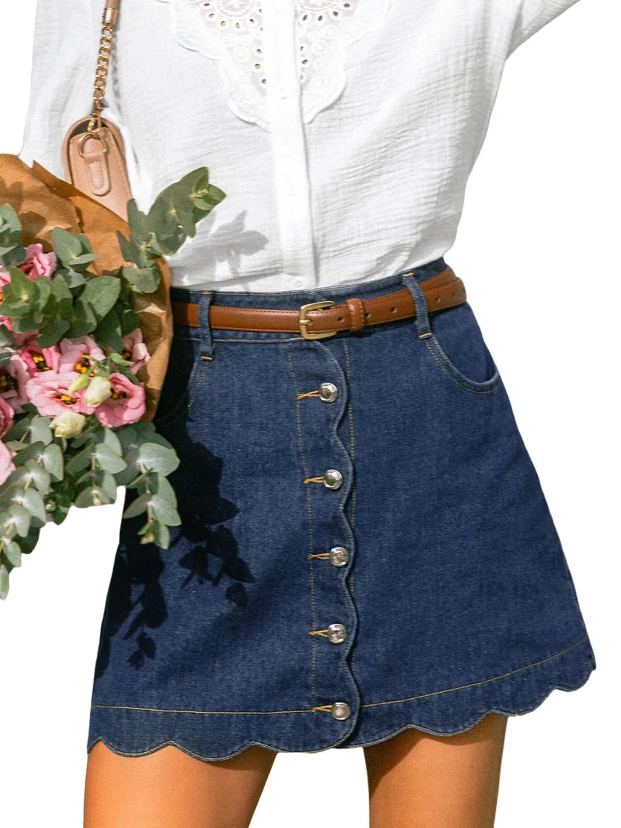 CUPSHE Gonna da donna in denim, casual, a vita alta, linea ad A, orlo smerlato, mini gonna di jeans con tasche