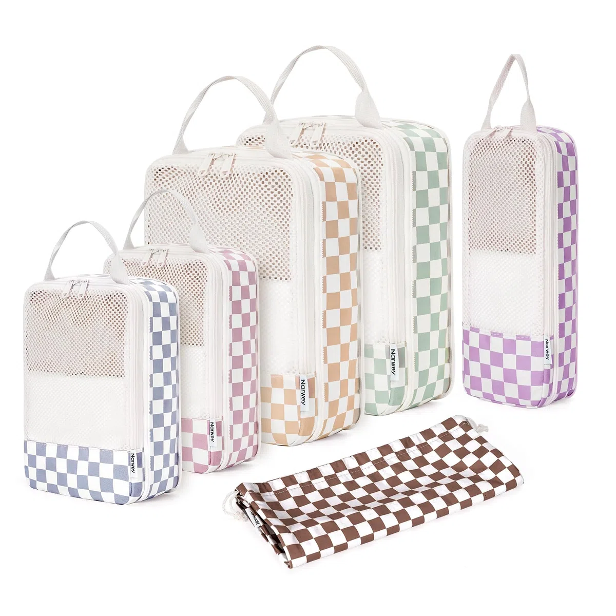 Narwey Organizer Valigia 6 Pezzi Packing Cubes Compression, Organizer Valigia Viaggio Compressione Salvaspazio, Viaggio Accessori Utili per Vestiti Scarpe Deposito (Checker Combined)