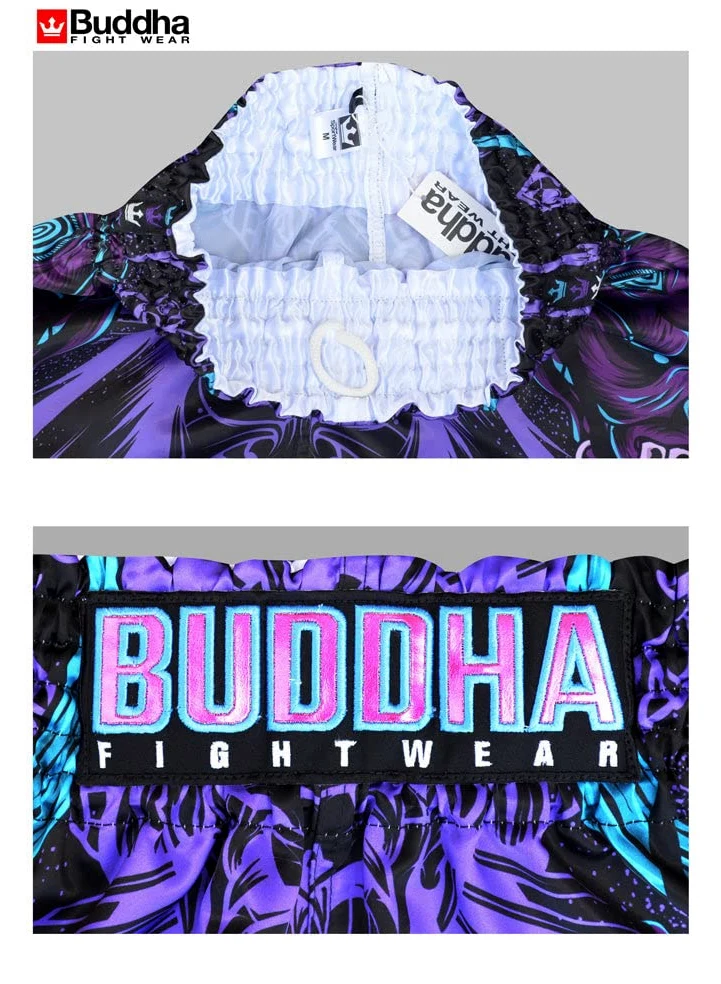 Buddha Fight Wear - Pantaloni Muay Thai e Kick Boxing Modello Geisha Europea - Tessuto Raso Premium - Nuovo Motivo Europeo - Grande Adattamento alla morfologia di Ogni combattente - Vari Disegni