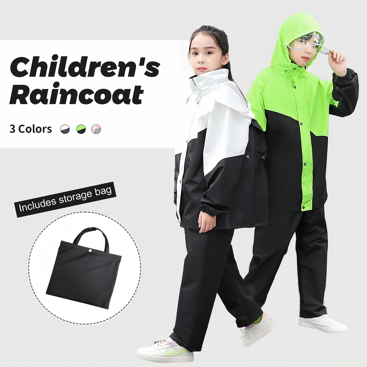Volunboy Tuta Impermeabile Ragazze Ragazzi, Leggero Antipioggia Giacca & Pantaloni con Cappuccio Pioggia Completo