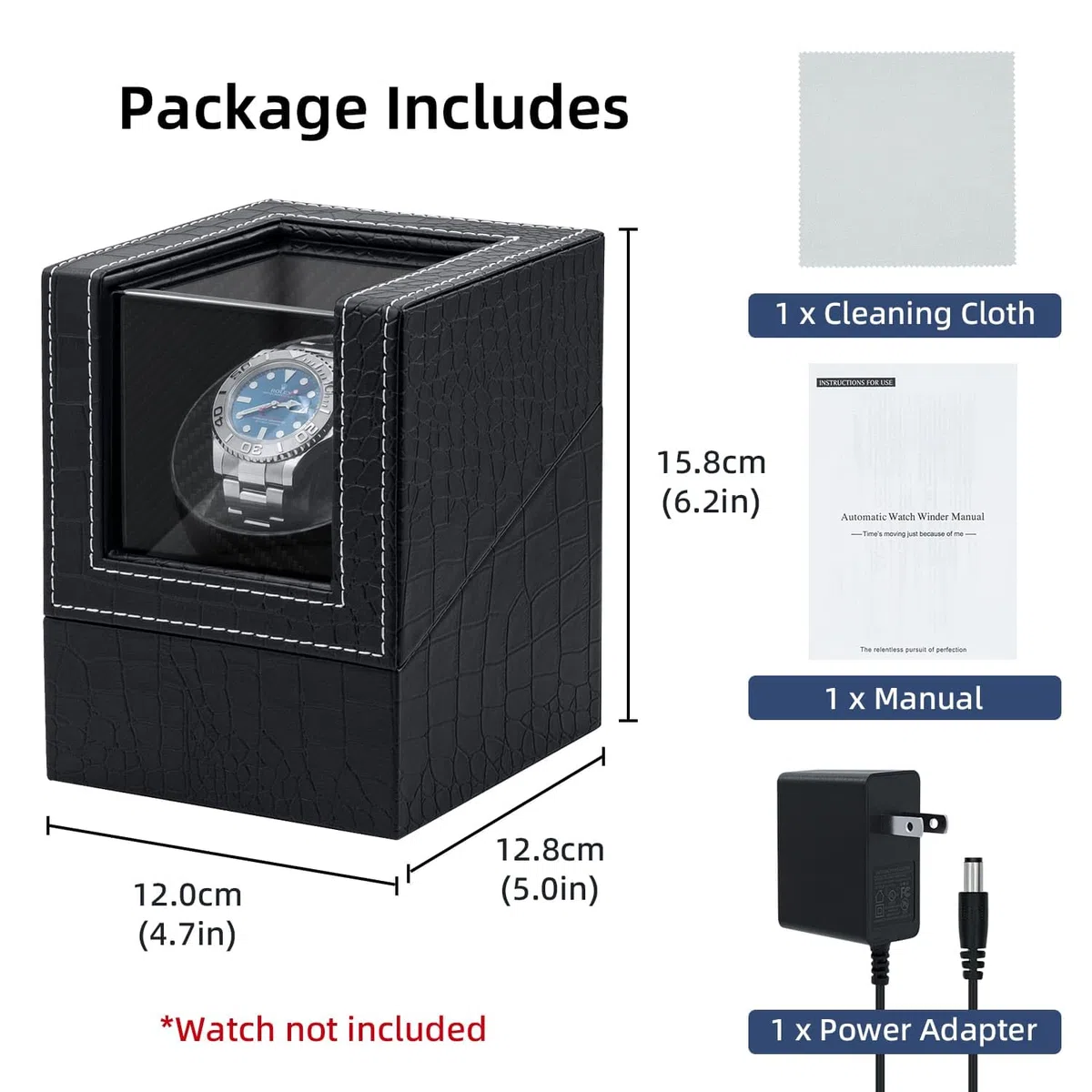 Mcbazel Scatola Carica Orologio Automatici, Scatola Avvolgitore per orologi 1 Slot Crocodile Pelle Pattern Accessori per Custodie per Orologi con Spina Europea - Nero
