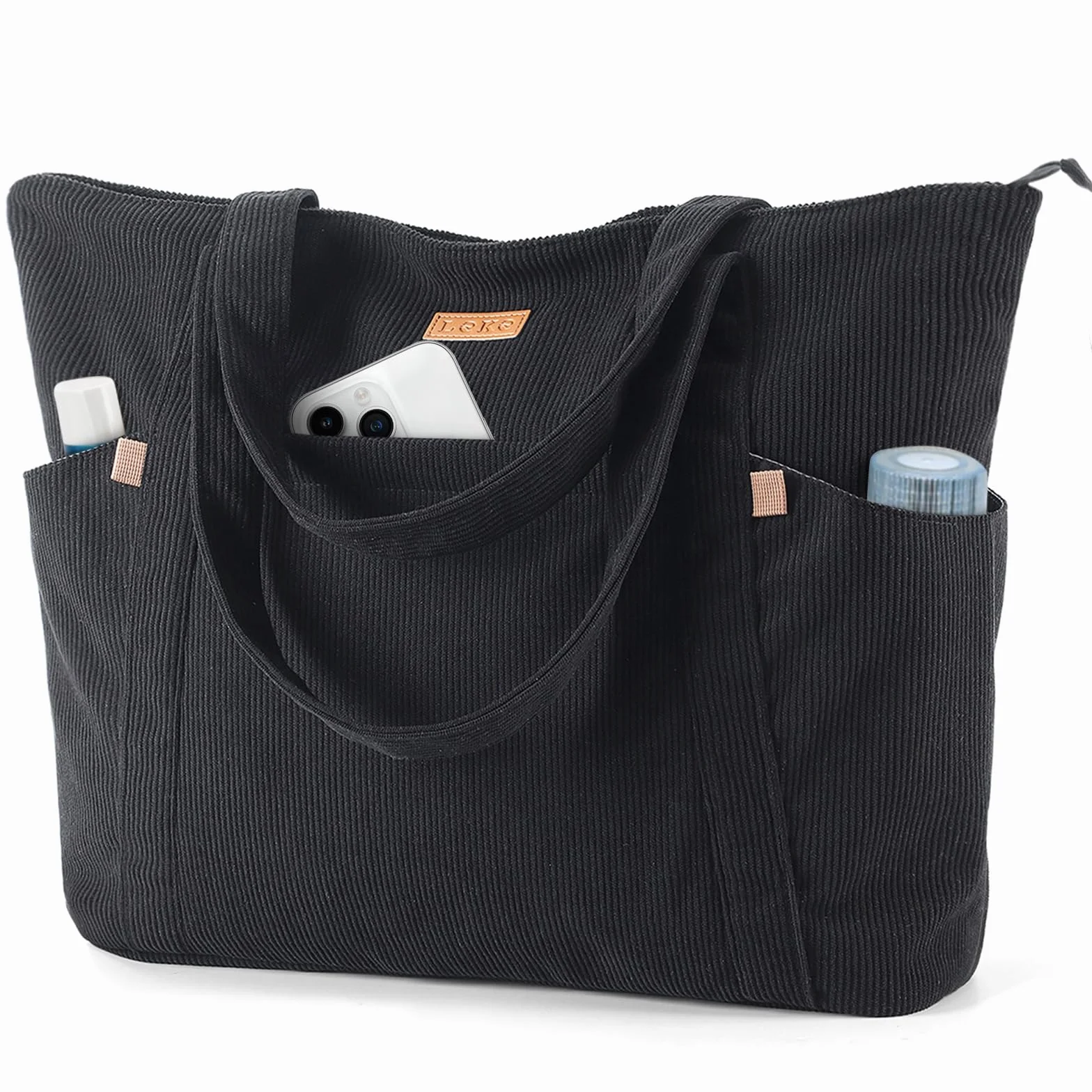 Borsa Tote Bag Università Donna Grande Capiente, Borsa a Tracolla Donna in Velluto a Coste con Cerniera, Borse Spalla Porta PC 15.6 Pollici per Viaggo Lavoro Scuola Ufficio Shopping, Nero S