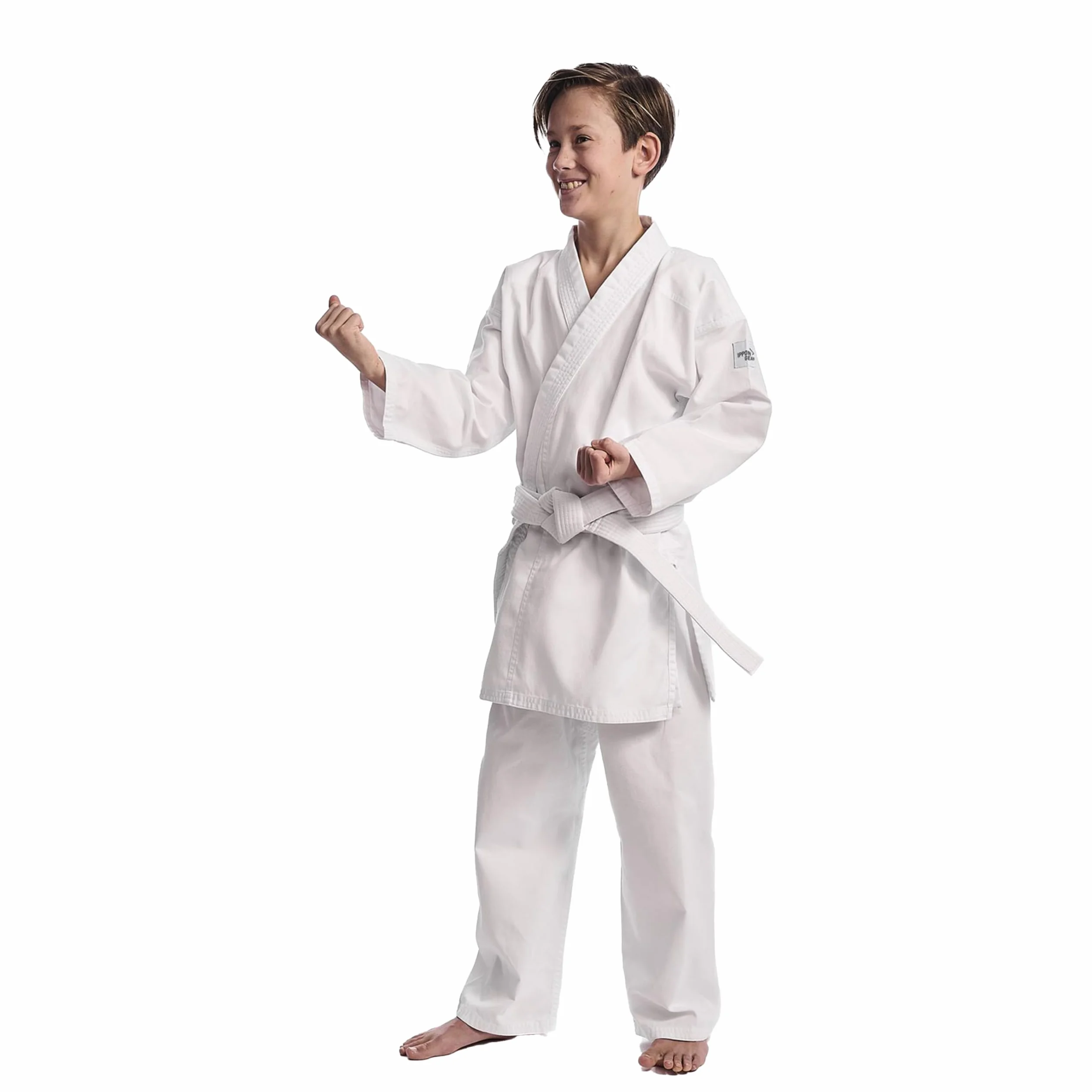 IPPONGEAR Club 2 Karate Gi Set Tuta da Karate per Principianti Tuta per Bambini Inclusa Cintura Bianca (Taglia 100, Cintura con Lacci, densità del Tessuto 220gr/m²) Bianco