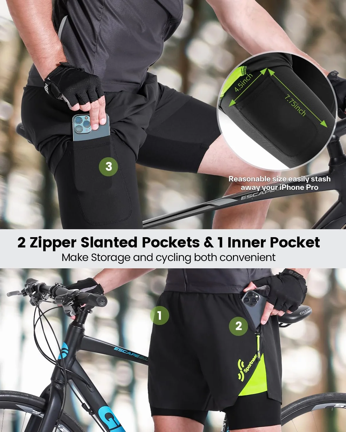 Sportneer Pantaloni da ciclismo da uomo, per mountain bike, con imbottitura 3D, M-3XL