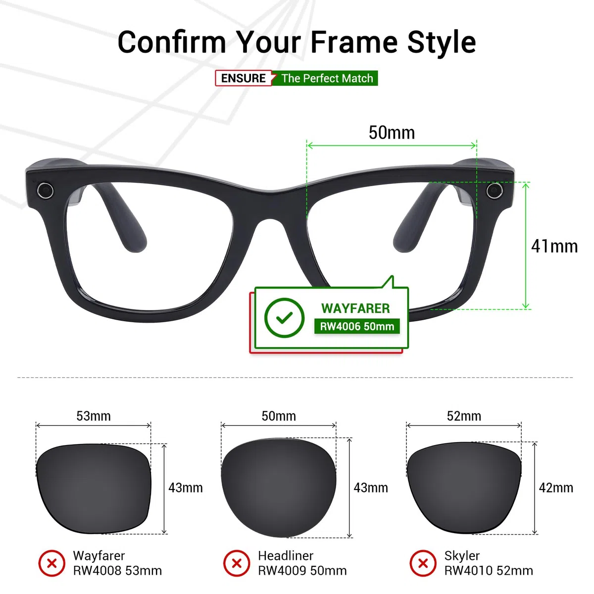 Mryok 2 paia di lenti di ricambio compatibili con Ray-Ban Meta Wayfarer RW4006 50 mm – Opzioni