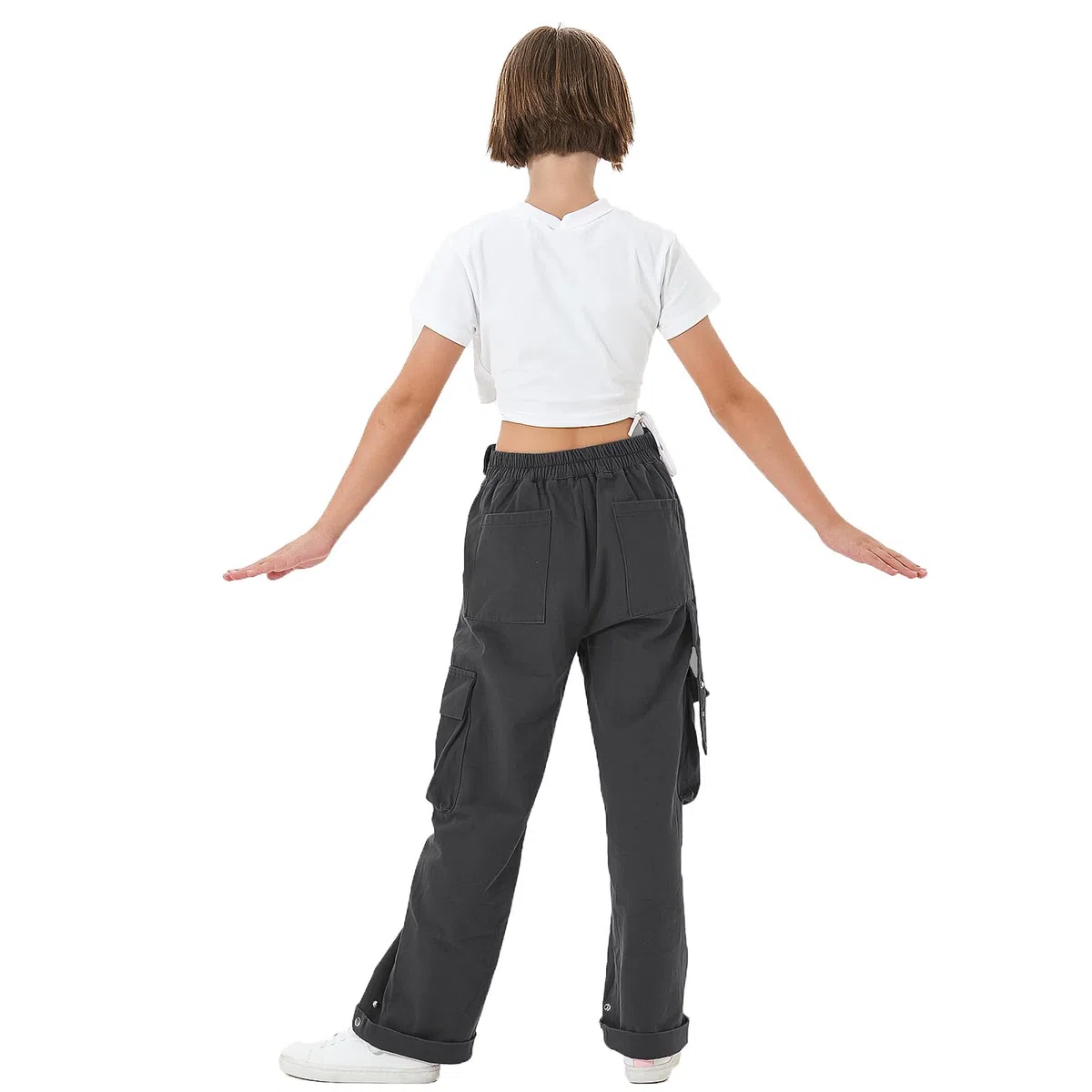 Rolanko Ragazze Pantaloni Cargo, Vita Alta Elastica con Tasche Multiple e Pantaloni a Gamba Larga per Bambini