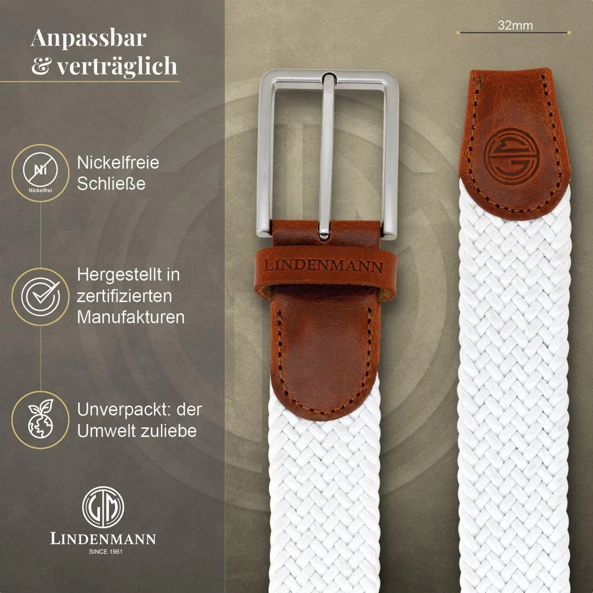 Lindenmann Cintura elasticizzata da uomo, cintura intrecciata in tessuto per il golf, bianca