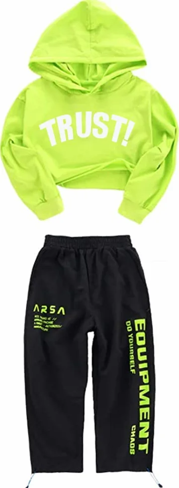 LOLANTA 2 pezzi Ragazza Hip Hop Street Dance Vestiti, Felpa con cappuccio crop + Pantaloni jogger