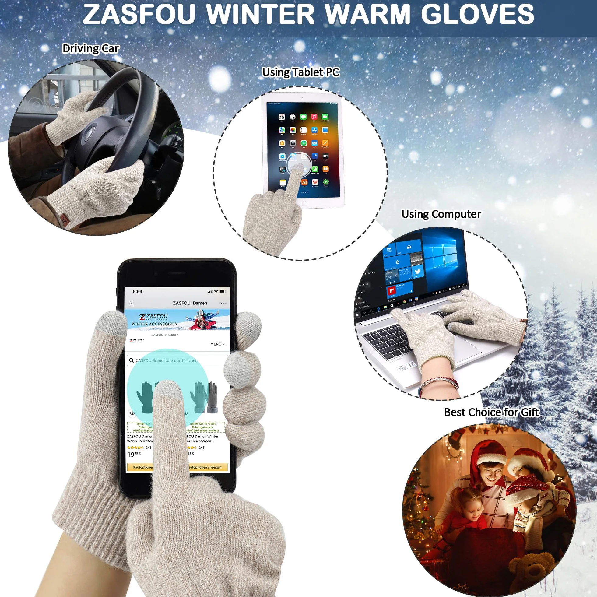 ZASFOU Donna Cappello Invernale Sciarpa Lunga Guanti Touch Screen Set Caldo Pile Foderati in Maglia Berretto Cappelli Sciarpe Lunghe Guanto Regalo per Donna Compleanno Natale