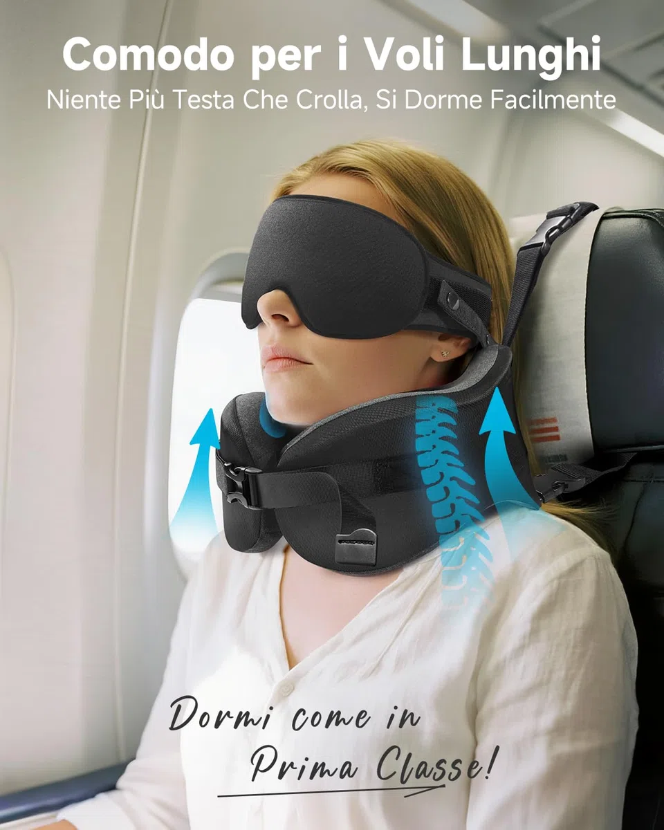 Umisleep Cuscino da Viaggio Memory Foam, Cuscino Cervicale per Aereo con Supporto 360°, con Maschera Occhi 3D, Cuscino da viaggio anticaduta testa per aereo, Ideale per Voli Lunghi (Nero)