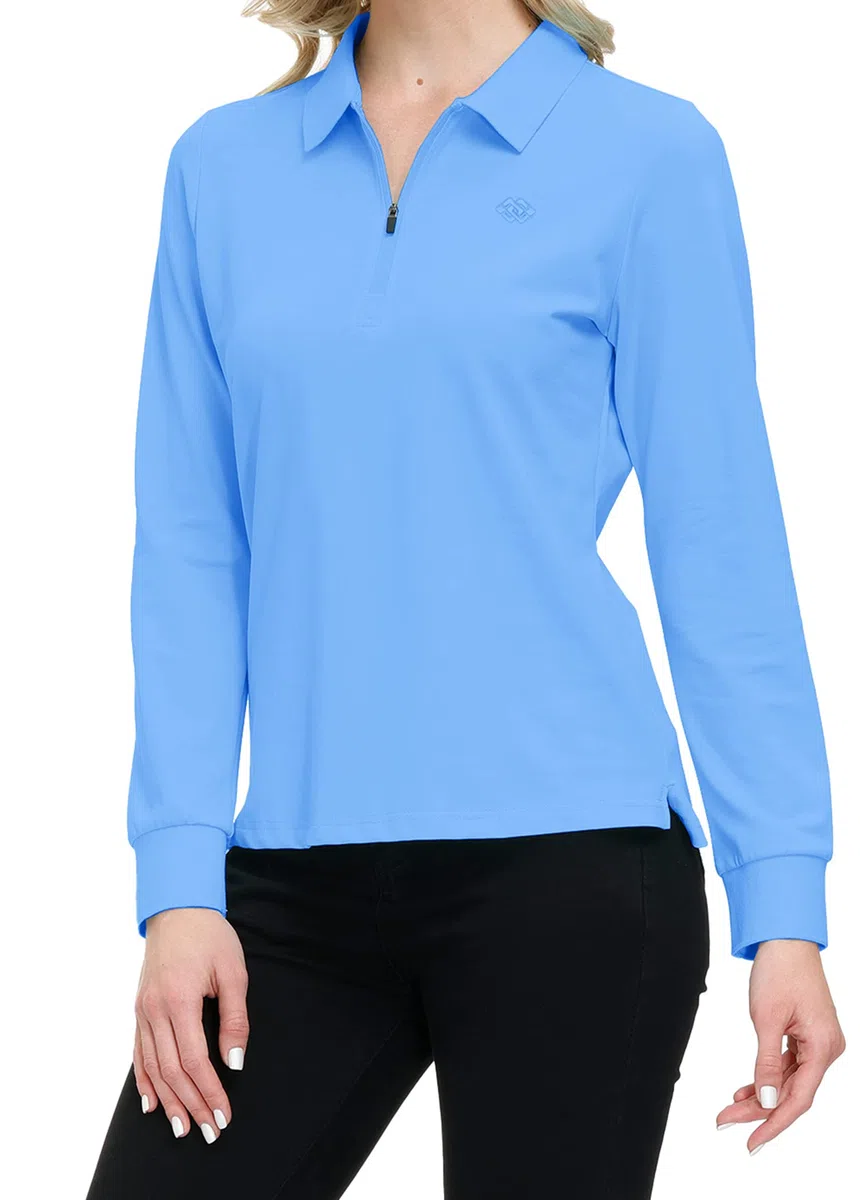 MoFiz Polo Donna Manica Lunga Poloshirt Lavoro Camicia Sportiva Golf Top con Cerniera
