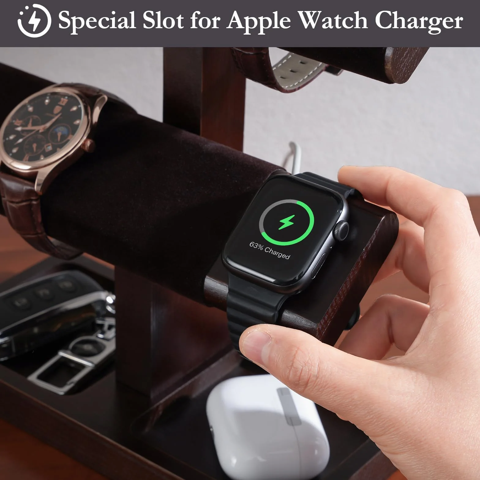 ProCase Espositore Orologi, Porta Orologi in Legno, Organizer per Orologi, Supporto per Caricabatterie per Apple Watch, Regalo per Lui -2 Livelli, Marrone Scuro