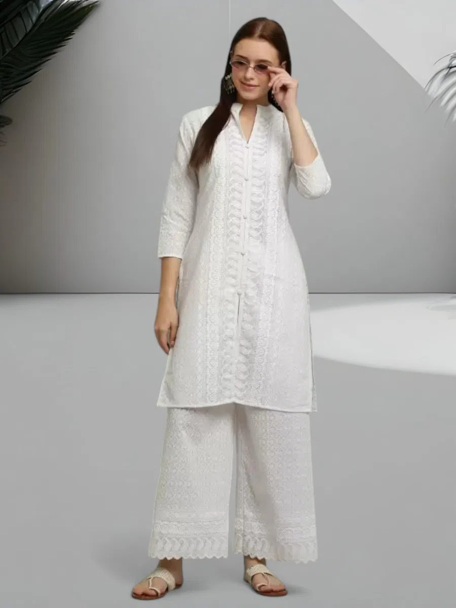 RangMahal - Set da donna in cotone indiano fatto a mano Lucknowi Chikankari Kurta Palazzo tradizionale