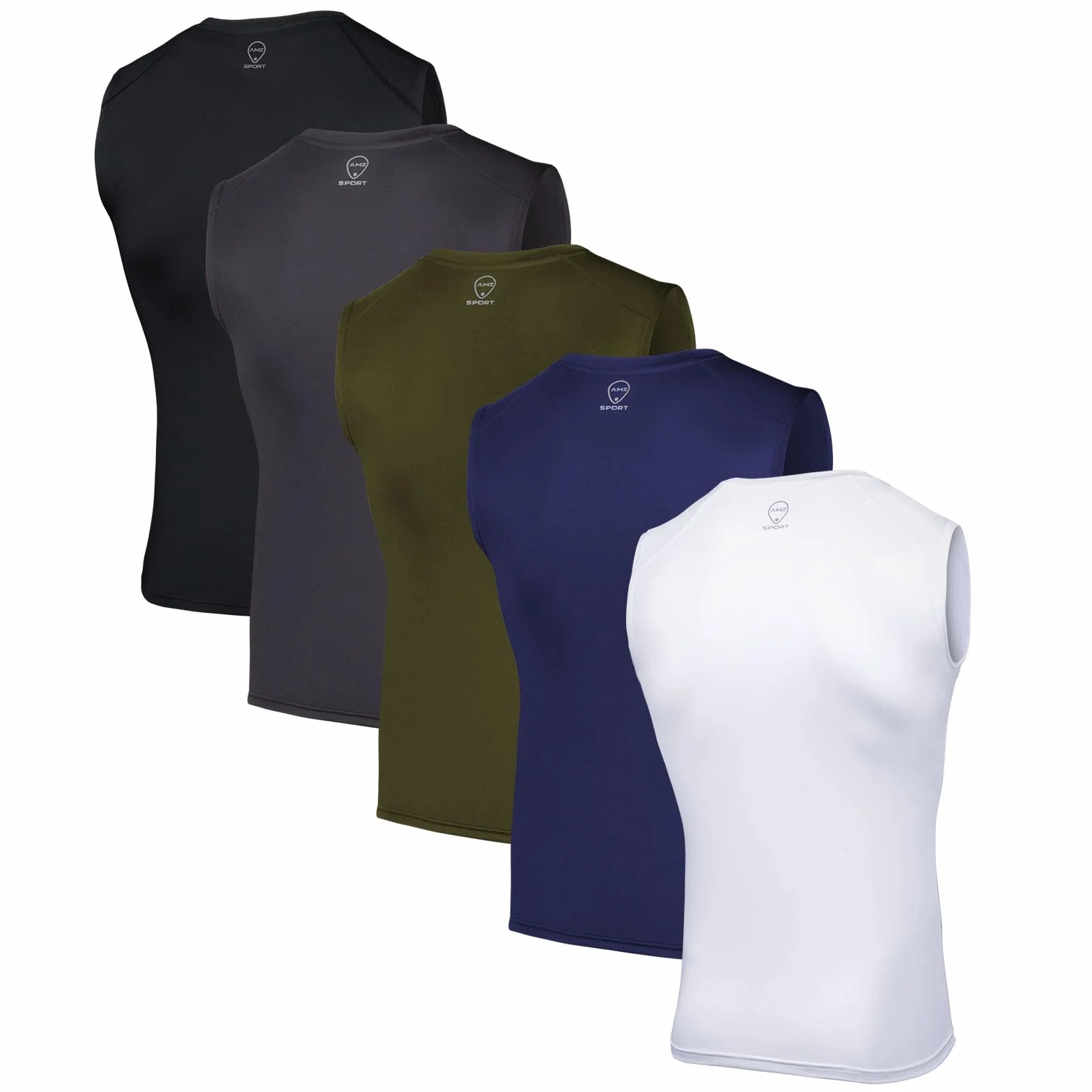 AMZSPORT Confezione da 5 Canotte da Uomo Traspiranti Maglia a Compressione, Maglia Funzionale, Maglia da Corsa, Canotta Senza Maniche per Sport, Palestra, Fitness e Running