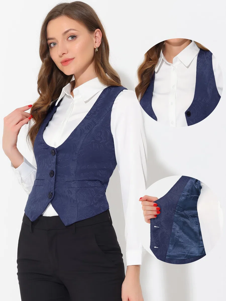 Allegra K Donna Gilet Vintage con Bottoni e Gilet senza Maniche in Jacquard Steampunk