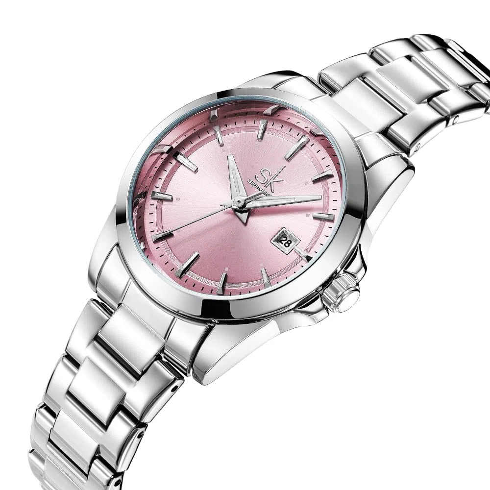 SHENGKE Orologi al quarzo minimalisti da donna con data bracciale in acciaio inossidabile e quadrante colorato alla moda