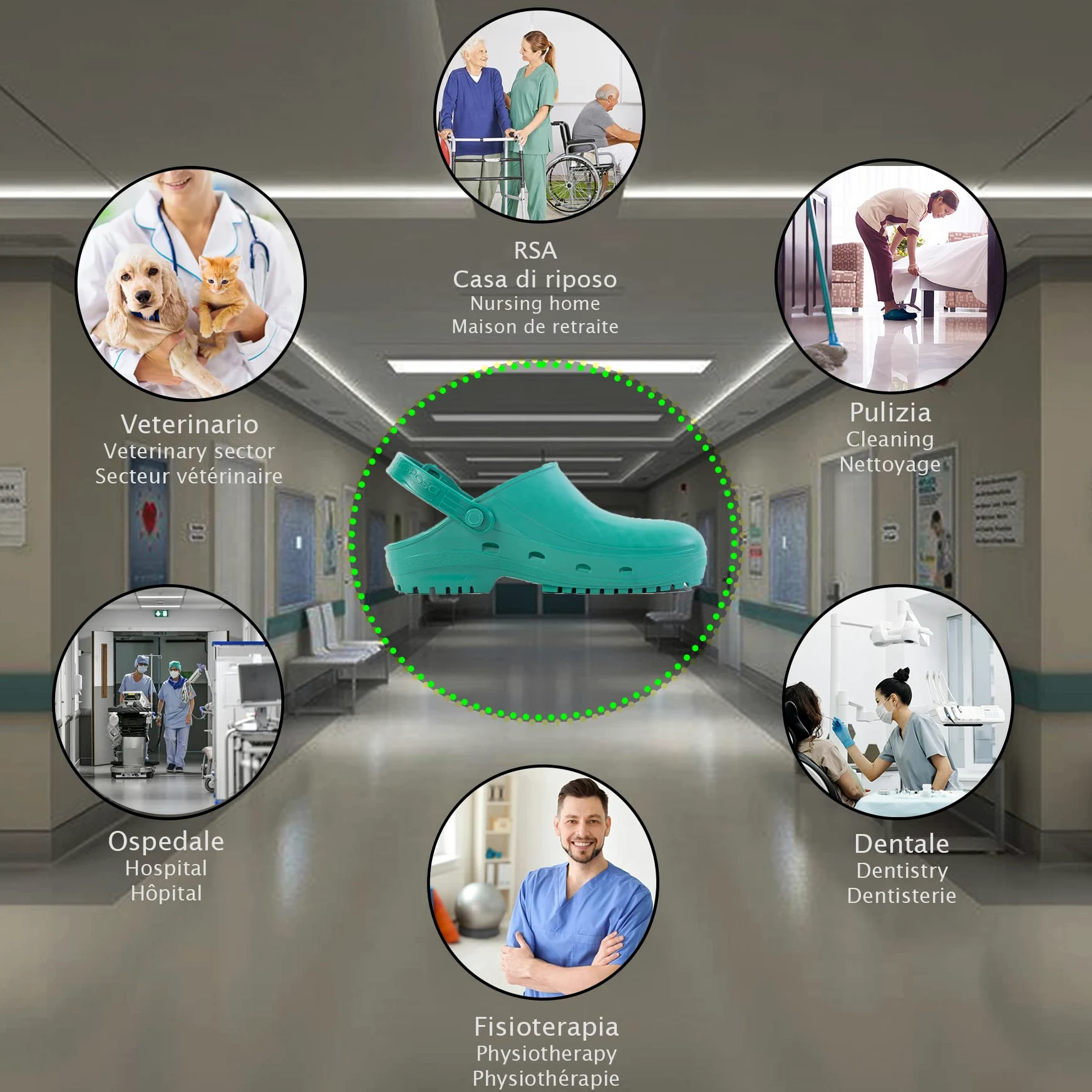 REPOSA Max - Zoccoli Sanitari Donna e Uomo in Gomma con Suola Antiscivolo SRC, Ciabatte Sanitarie Anatomiche con Laccetto Regolabile, Scarpe Sanitarie Sterilizzabili Antishock Traspiranti Leggere