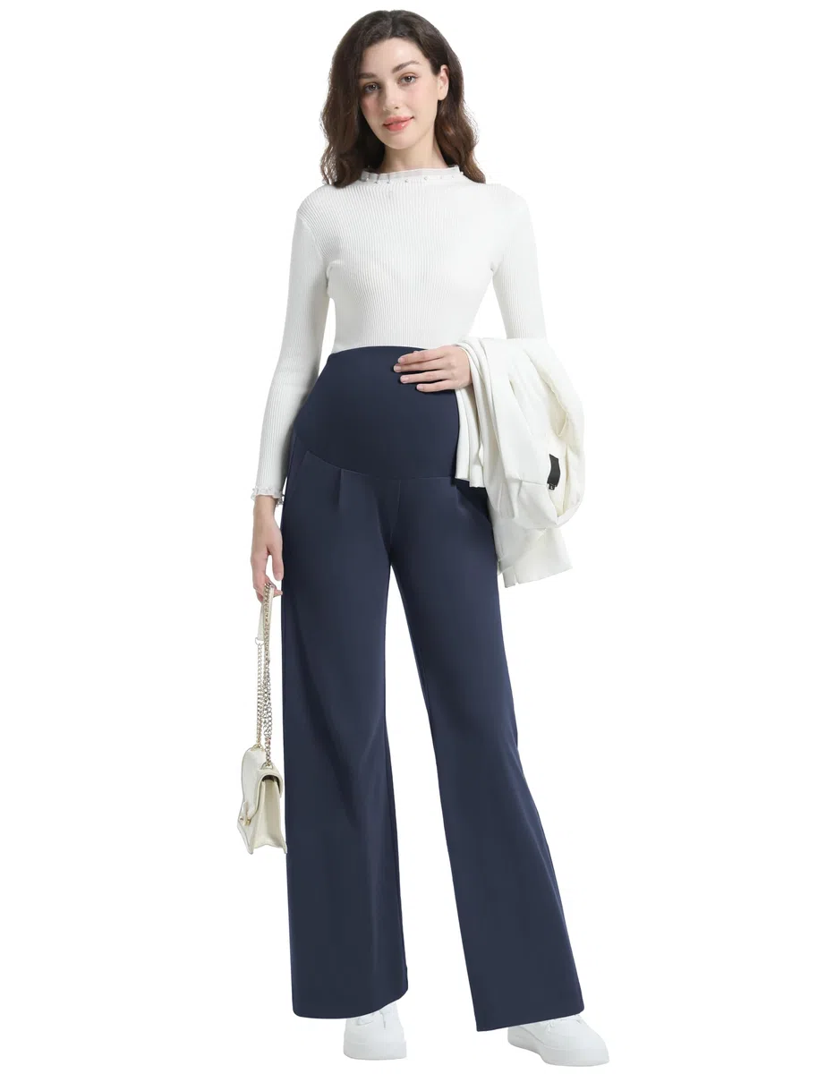 Pantaloni premaman da donna a gamba larga, a vita alta, elasticizzati, per ufficio, lavoro, lounge con tasche
