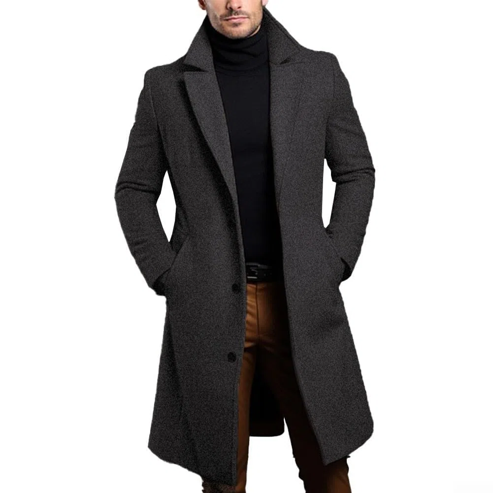 Cappotto da uomo nero di lusso, soprabito lungo e caldo a petto singolo (S Grigio scuro)