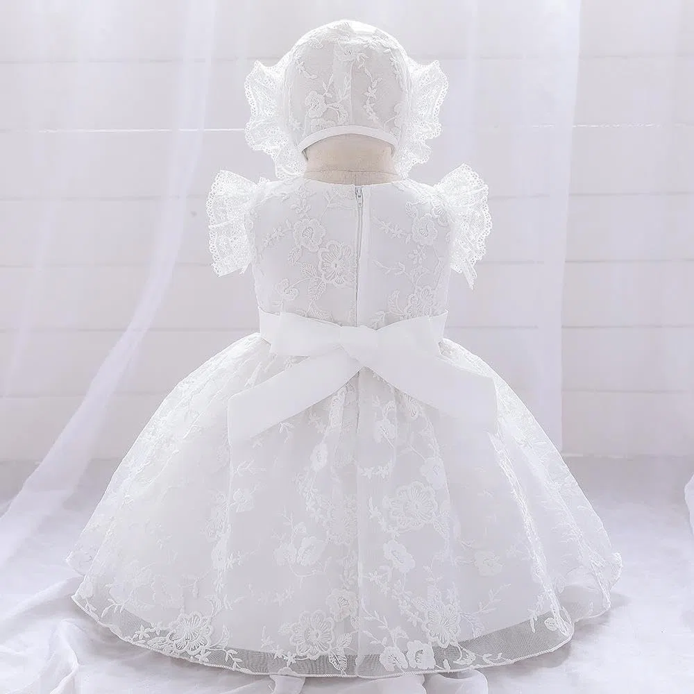 Lito Angels Vestito Abito Bianco Ricamato da Battesimo con Cappello in Pizzo per Bimba Taglia 3-24 Mesi