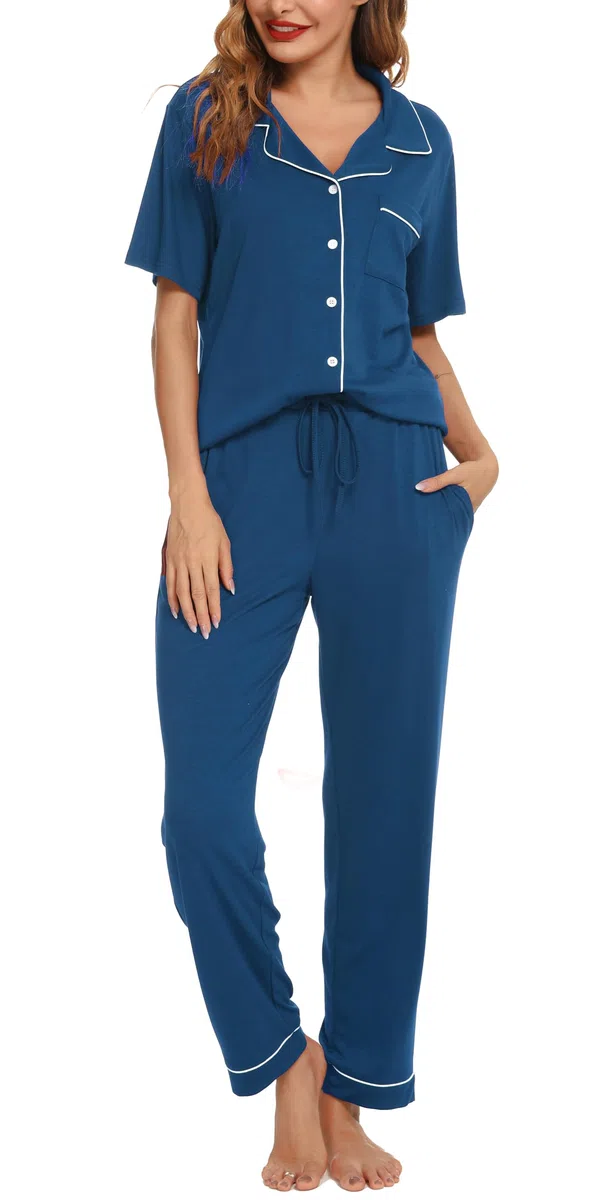 Lovasy Pigiama Donna Estivo Set,Corta Pigiama Camicia con Bottoni sul Bavero Comodo Pantaloni Lunghi Traspiranti Pigiama da Casa Casual in Due Pezzi S-XXL