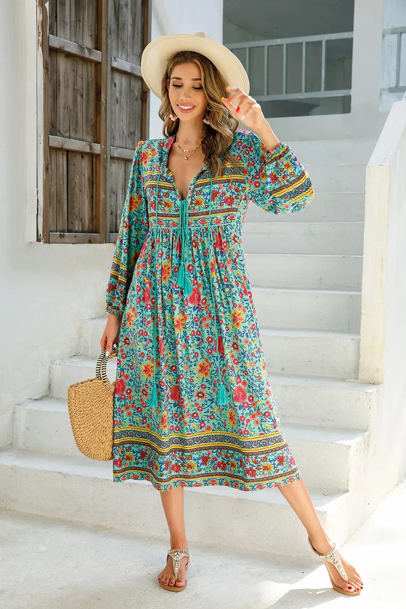 R.Vivimos Donne Eleganti Casual Bohemian Print Neck Tie Maniche Lunghe Abito da Spiaggia Lungo Midi Vestito Vacanze