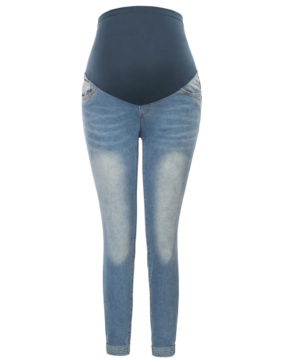Maacie Pantaloni premaman lunghi elastici per gravidanza, comodi jeans primaverili estivi, Azzurro con orli arrotolati, S