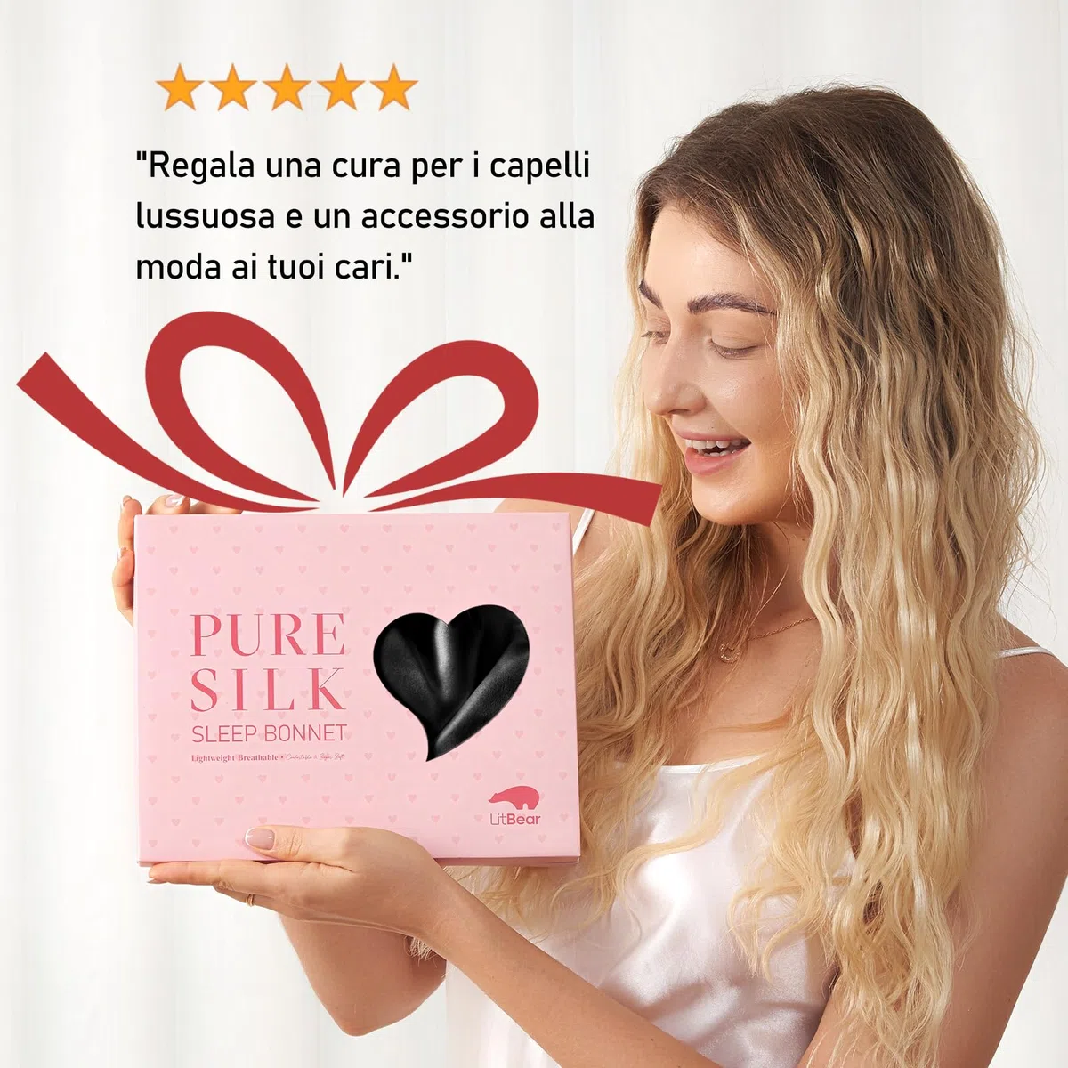 LitBear Cuffia da Notte per Donna in Seta di Gelso 100%, 6A 22 Momme, per Capelli Ricci e Lunghi, Doppio Strato con Fascia Regolabile, Elastico Incluso