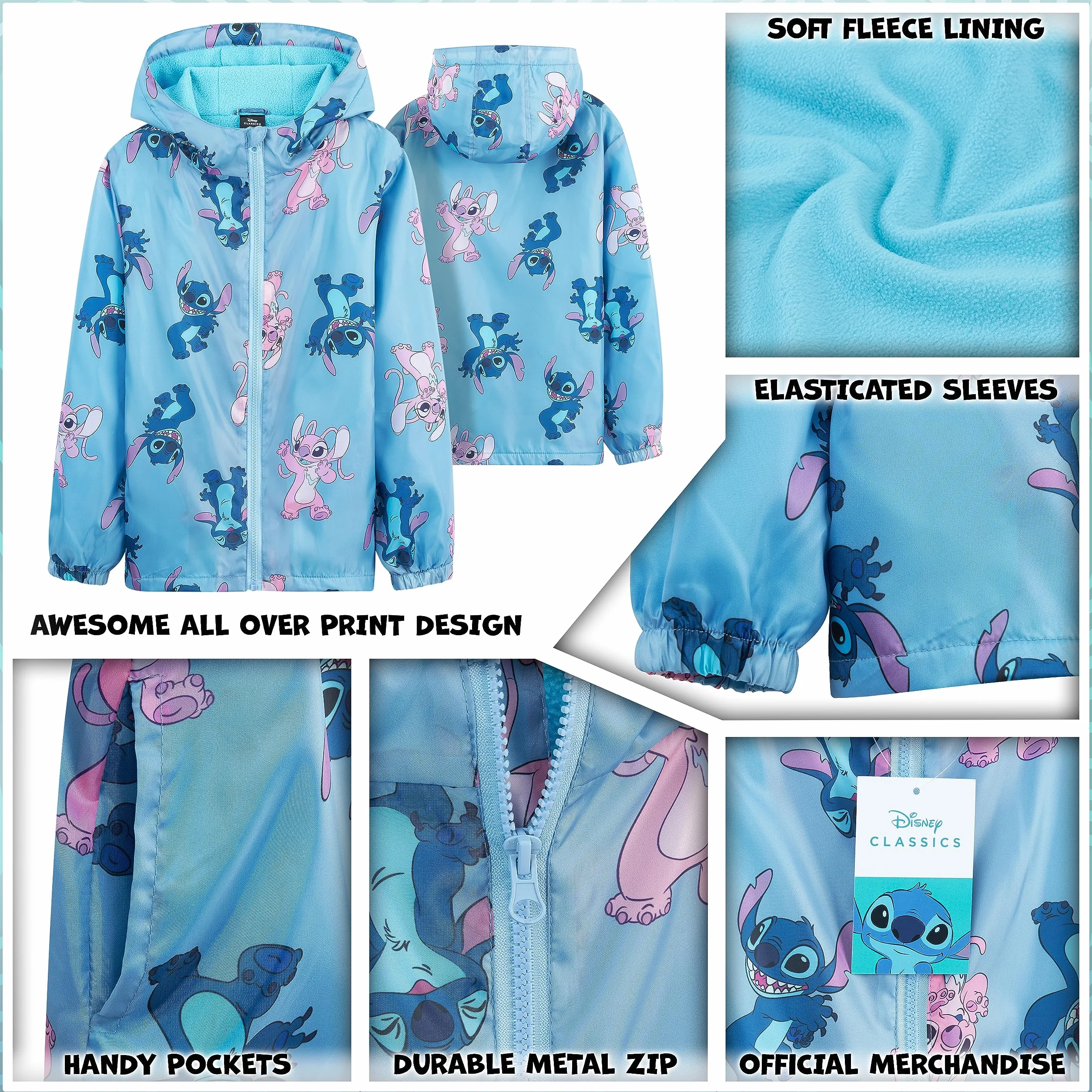 Disney Stitch Impermeabile Bambina - Giacca Antipioggia per Bambine e Ragazze 4-14 Anni Giacca Bimba con Rivestimento in Pile Abbigliamento Bambina Angel Stitch